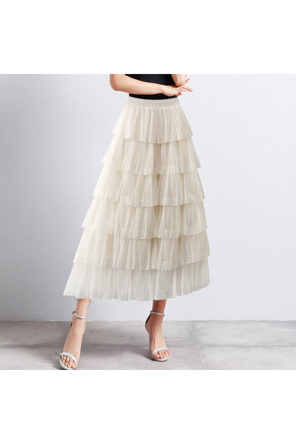 Women Long Tiered Skirt Solid Color Elastic High Waist Mesh Tutu Dancewear A Line Tulle Layered Flowy Ruffle Maxi Skirt Petticoat For Wedding Holiday Party Dailywear,Beige,One Size