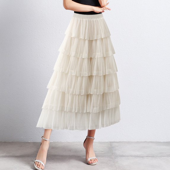 Wuxian Women Long Tiered Skirt Solid Color Elastic High Waist Mesh Tutu Dancewear A Line Tulle Layered Flowy Ruffle Maxi Skirt Petticoat For Wedding Holiday Party Dailywear,Beige,One Size