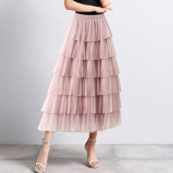 Wuxian Women Long Tiered Skirt Solid Color Elastic High Waist Mesh Tutu Dancewear A Line Tulle Layered Flowy Ruffle Maxi Skirt Petticoat For Wedding Holiday Party Dailywear,Pink,One Size