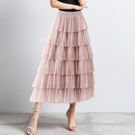 Wuxian Women Long Tiered Skirt Solid Color Elastic High Waist Mesh Tutu Dancewear A Line Tulle Layered Flowy Ruffle Maxi Skirt Petticoat For Wedding Holiday Party Dailywear,Pink,One Size