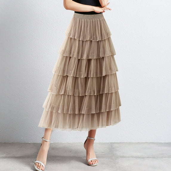 Wuxian Women Long Tiered Skirt Solid Color Elastic High Waist Mesh Tutu Dancewear A Line Tulle Layered Flowy Ruffle Maxi Skirt Petticoat For Wedding Holiday Party Dailywear,Khaki,One Size