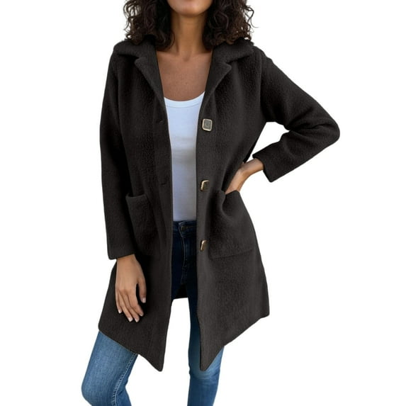 Wuxian Women Overcoat Long Length Plus Size Button Down Turndown Collar Solid Color Jacket Long Sleeve With Pockets Fall Winter Casual Outerwear,Black,XXXXXL