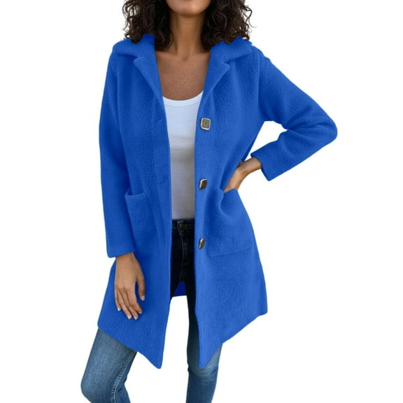 Wuxian Women Overcoat Long Length Plus Size Button Down Turndown Collar Solid Color Jacket Long Sleeve With Pockets Fall Winter Casual Outerwear,Blue,L