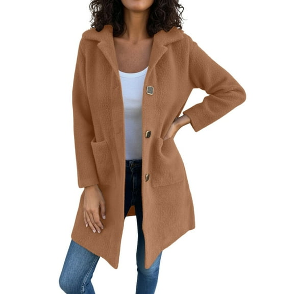 Wuxian Women Overcoat Long Length Plus Size Button Down Turndown Collar Solid Color Jacket Long Sleeve With Pockets Fall Winter Casual Outerwear,Khaki,XXL