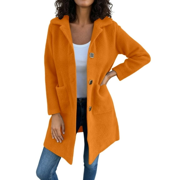 Wuxian Women Overcoat Long Length Plus Size Button Down Turndown Collar Solid Color Jacket Long Sleeve With Pockets Fall Winter Casual Outerwear,Orange,XXXL