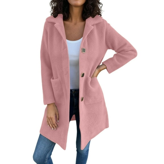 Wuxian Women Overcoat Long Length Plus Size Button Down Turndown Collar Solid Color Jacket Long Sleeve With Pockets Fall Winter Casual Outerwear,Pink,XXL