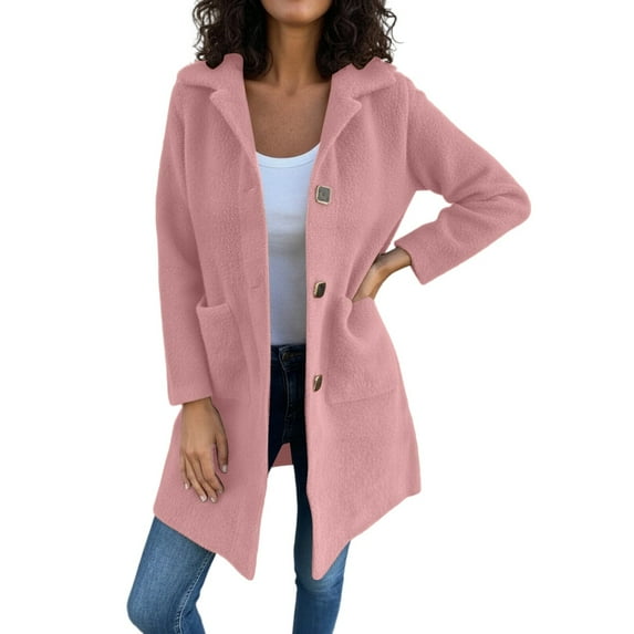 Wuxian Women Overcoat Long Length Plus Size Button Down Turndown Collar Solid Color Jacket Long Sleeve With Pockets Fall Winter Casual Outerwear,Pink,XXXXL