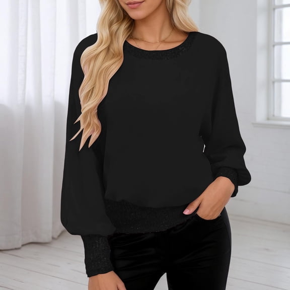 Wuxian Women Round Neck T Shirt Sequin Trim Knitted Elegant Long Sleeve Pullovers Top Solid Color Casual Sweatshirt Blouse Party Club Daily Wear Casual Top Blouse,Black,L