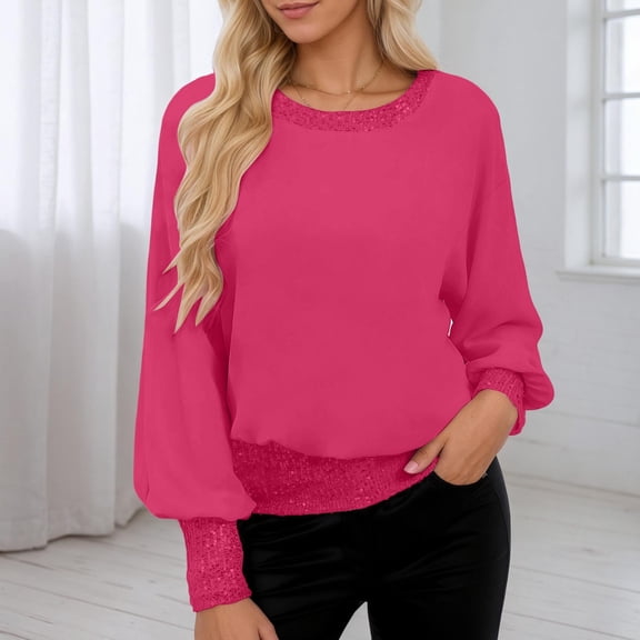 Wuxian Women Round Neck T Shirt Sequin Trim Knitted Elegant Long Sleeve Pullovers Top Solid Color Casual Sweatshirt Blouse Party Club Daily Wear Casual Top Blouse,Hot Pink,L