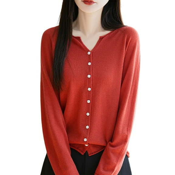 Wuxian Women'S Cardigan Lightweight Seamless Knit Button Down Open Front Jacket With Rolled Edges Long Sleeve Comfortable Stylish Finish Sweater Streewear,Red,Xxl