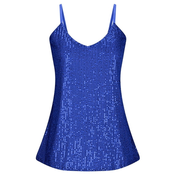 Wuxian Women'S Carnival Glittering Sequin Tank Top Solid Color V-Neck Sleeveless Spaghetti Strap Sparkling Slim Fit Sparkly Camisole Evening Party Clubwear Clothes Vacation Outfits,Blue,Xl