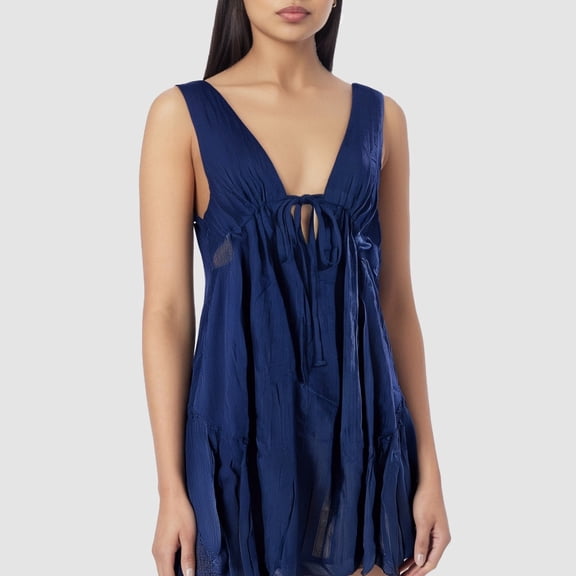 Wuxian Women'S Casual Dress Solid Color Sleeveless Deep V Neck Backless High Waist Lace Up Ruffles A-Line Vintage Flowy Elegant Short Dress ,Blue,XL