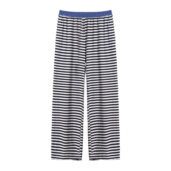 Wuxian Women'S Casual Pants Striped High Waist Wide Leg Trousers Pants Comfortable Elastic Waistband Home Wear Flowy Straight Leg Breathable Summer Bottoms Loungewear Palazzo Pants,Blue,XXXXXL