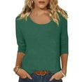 thumbnail image 1 of Wuxian Women'S Casual Solid Color Print Round Neck Low Cut 3/4 Sleeve T Shirt Top Classic Loos Fit Breathable Comfortable Tee Soft Fashionable Streetwear,Dark Green,L, 1 of 7
