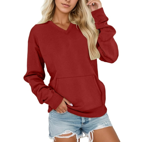 Wuxian Women'S Casual Sweatshirt Slim Fit V Neck Long Sleeve Pullovers With Pocket Comfortable Fashion Soft Solid Color Sports Top Shirt Dailywear,S