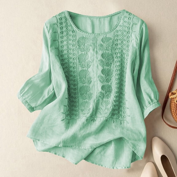 Wuxian Women'S Casual T-Shirt Crewneck Floral Embroidered T Shirt Three Quarter Sleeve Casual Spring Summer Loose Fit Breathable Top For Daily Wear Casual Top Blouse,Mint Green,XXL