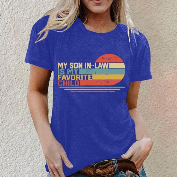 Wuxian Women'S Casual T Shirts Letter Graphic Print Short Sleeve Crew Neck Loose Relaxed Fit Comfort Tee Top Breathable Basic Fashion Dressy Clothes,Blue,L