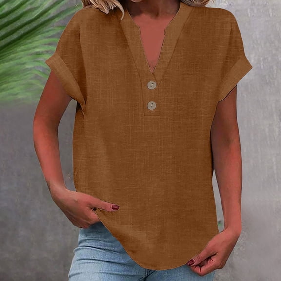 Wuxian Women'S Classic T Shirt Casual Short Sleeve V-Neck Button Summer Solid Color Tank Loose Fit Soft Comfortable Top Curved Hem Flowy Trendy Shirts Streetwear,Coffee,S