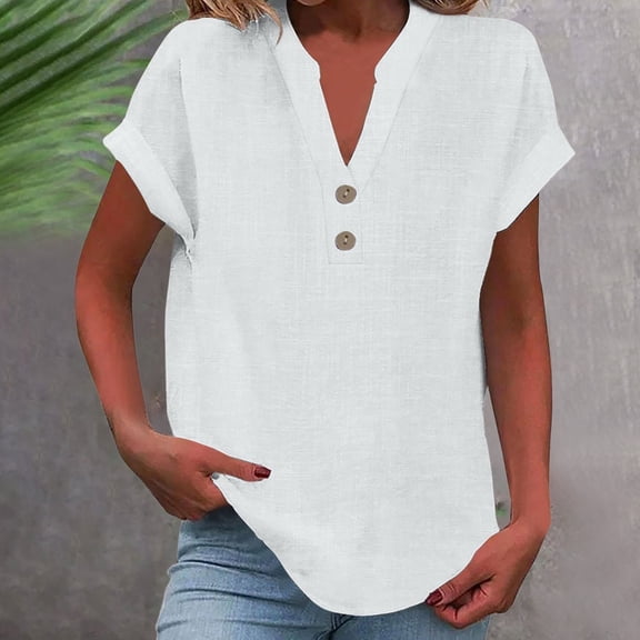 Wuxian Women'S Classic T Shirt Casual Short Sleeve V-Neck Button Summer Solid Color Tank Loose Fit Soft Comfortable Top Curved Hem Flowy Trendy Shirts Dailywear,White,S