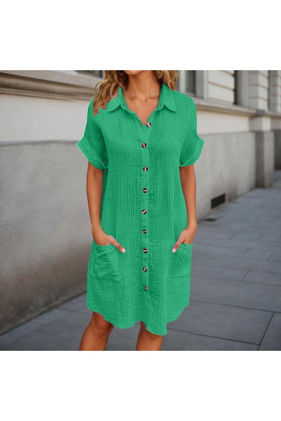 Women'S Comfortable Cozy Shirt Dress Short Sleeve Button Down Casual Solid Color Mid Length Relaxed Fit Loose Shirt With Pockets Breathable Casual Dress,Green,S