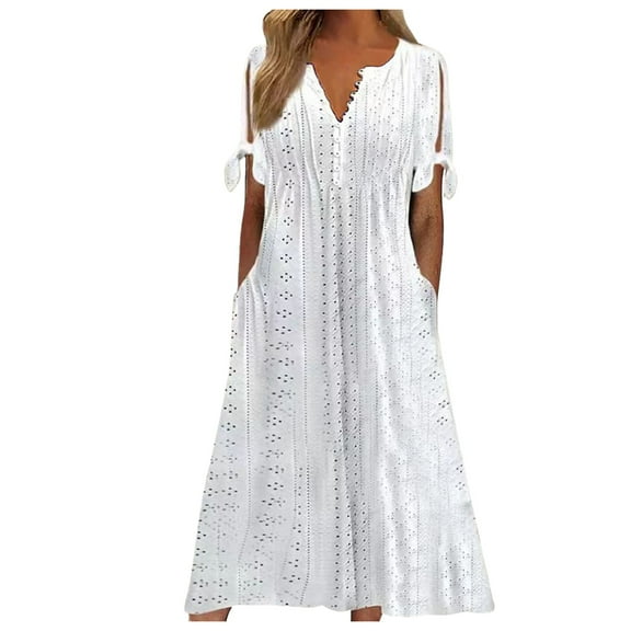 Wuxian Women'S Dress Casual V Neck Short Sleeve Boho Lace Hollow Out Front Button Maxi Dress Flowy High Waist Guest Holiday Beach Long Dress,White,Xxl
