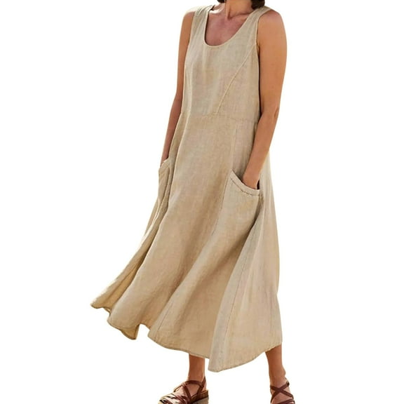 Wuxian Women'S Dress Solid Color Sleeveless Round Neck Linen Dress With Pockets Flowy Swing Midi Tiered Long Dress,Khaki,Xl