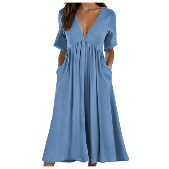 Wuxian Women'S Dresses Casual Maxi Deep V Neck Short Sleeve Boho Maxi Dress With Pockets A-Line Flowy High Waist Guest Holiday Loose Fit Beach Long Dress,Blue,L