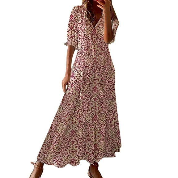 Wuxian Women'S Dresses Casual Maxi New V Neck Three Quarter Sleeve Bohemian Midi Dresses Summer Floral Retro Tassel Long Dress,Red,M