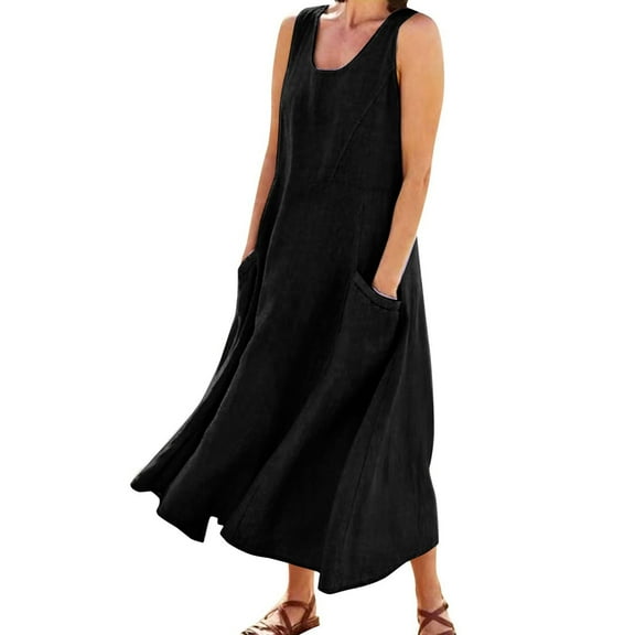 Wuxian Women'S Dresses Casual Plus Size Solid Sleeveless Tank Top Crew Neck Linen Dress With Pockets Flowy Swing Long A-Line Sundresses,Black,Xxl