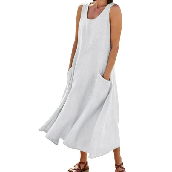 Wuxian Women'S Dresses Casual Summer Solid Color Sleeveless Round Neck Linen Dress With Pockets Flowy Swing Midi Tiered Long Sundress,White,L