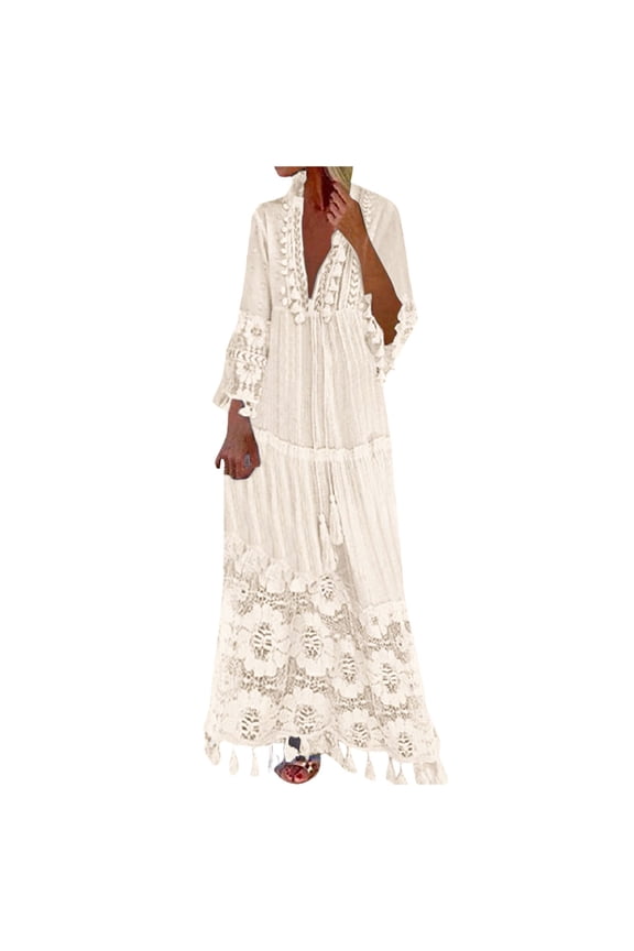 Women'S Dresses Casual V Neck Long Sleeve Boho Floral Lace Maxi Dress Flowy Wedding Guest Holiday Beach Long Sundress,Beige,Xl