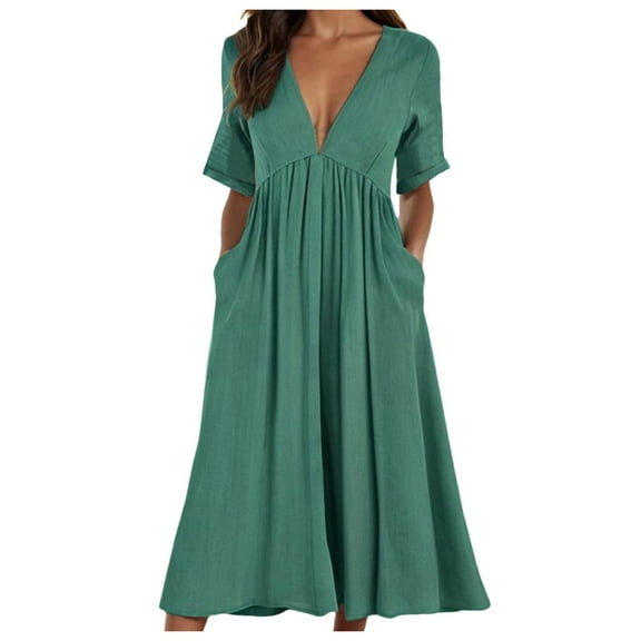 Wuxian Women'S Dresses Summer Deep V Neck Short Sleeve Boho Maxi Dress With Pockets A-Line Flowy High Waist Guest Holiday Loose Fit Beach Long ,Green,L