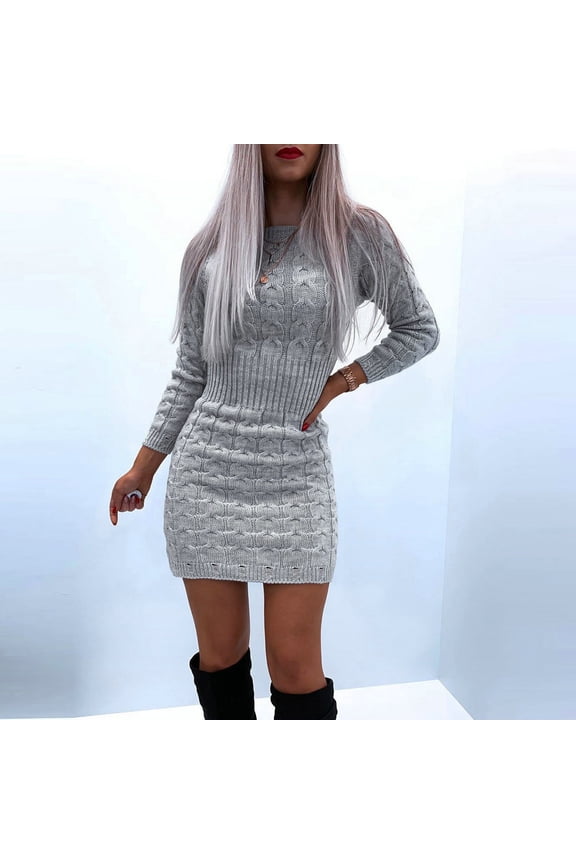 Women'S Elegant Sweater Mini Dress Knitted Crewneck Long-Sleeved Solid Color Bodycon Ruched Slim Fit Stretch Breathable Cozy Casual Elegant Stylish Mini Dresses,Grey,L
