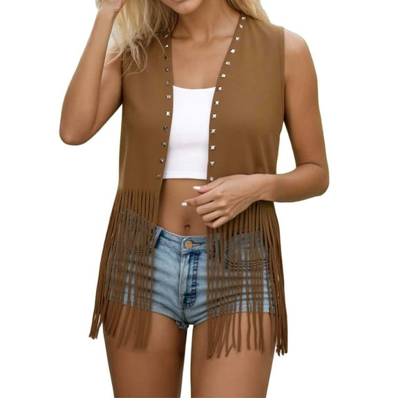 Wuxian Women'S Halloween Fringe Vest 60S 70S Hippie Style Artificial Leather Jacket Sleeveless Tassel Long Cardigan Jacket Cowgirl Western Tops,Khaki,Xl