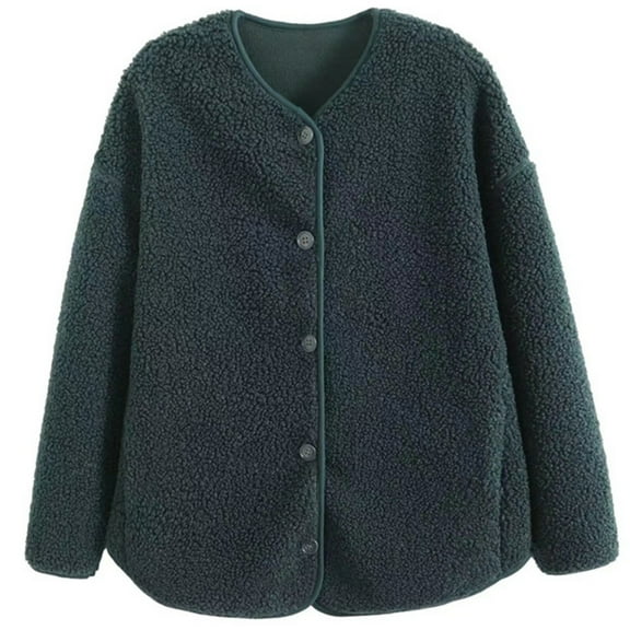 Wuxian Women'S Jacket Button Down Long Sleeve Fuzzy Wool Coat Casual Round Neck Open Front Cardigan Winter Thick Warm Outerwear,Green,M