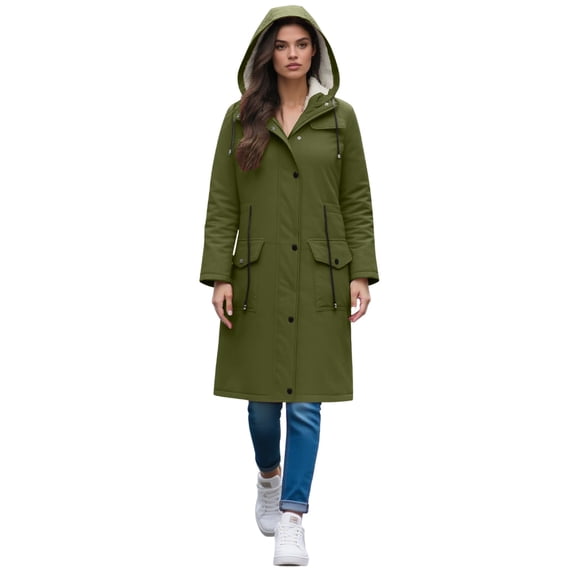 Wuxian Women'S Jackets Long Length Winter Outdoor Warm Hooded Coats Wool Lined Button Down Hiking Wear Zip Up Casual Activities Fall Winter Outwear Dailywear,Army Green,S