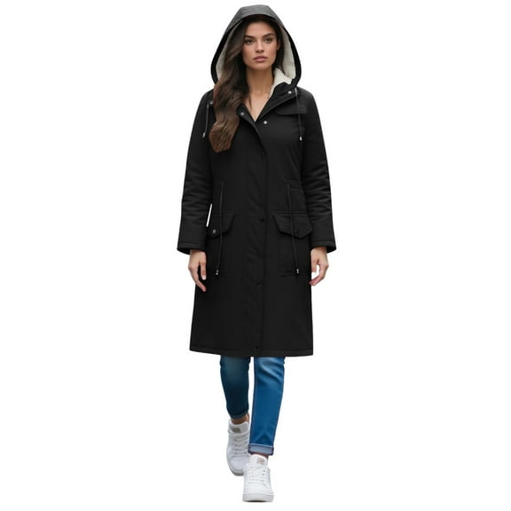Wuxian Women'S Jackets Long Length Winter Outdoor Warm Hooded Coats Wool Lined Button Down Hiking Wear Zip Up Casual Activities Fall Winter Outwear Dailywear,Black,S