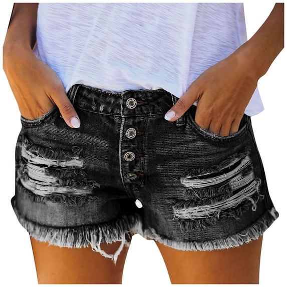 Wuxian Women'S Jean Shorts High Waisted Denim Stretch Shorts Slim Fit Ripped Distressed Jean Hot Pants Solid Colro Fashionable Tassels Retro Vintage Casual Summer Cozy Short Trousers,Black,S