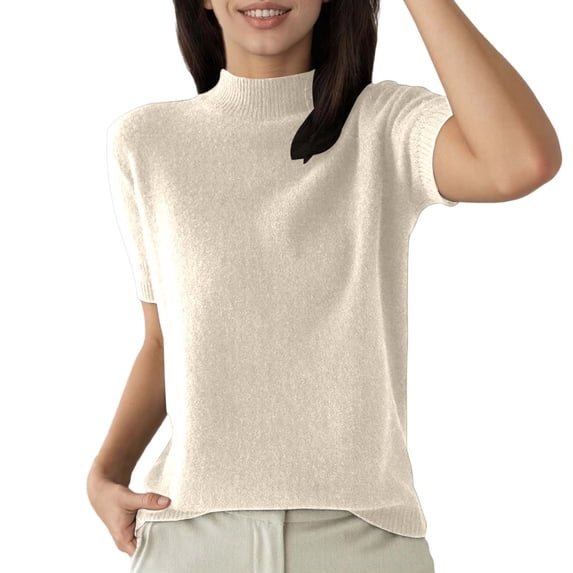 Wuxian Women'S Knitted Tops Solid Color Mock Neck Casual Short Sleeve Pullover Sweater Basic Loose Spring Blouse Soft Stretch Comfortable Lightweight Breathable Dailywear,Beige,L