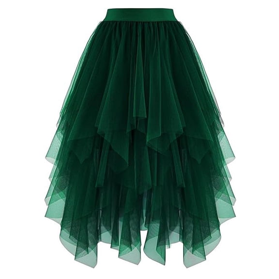 Wuxian Women'S Midi Skirt Solid Colot High Waisted Ruffled Tiered Mesh Pleated A Line Elegant Flowy Long Tulle Skirt Party Wedding Guest Dailywear,Dark Green,L