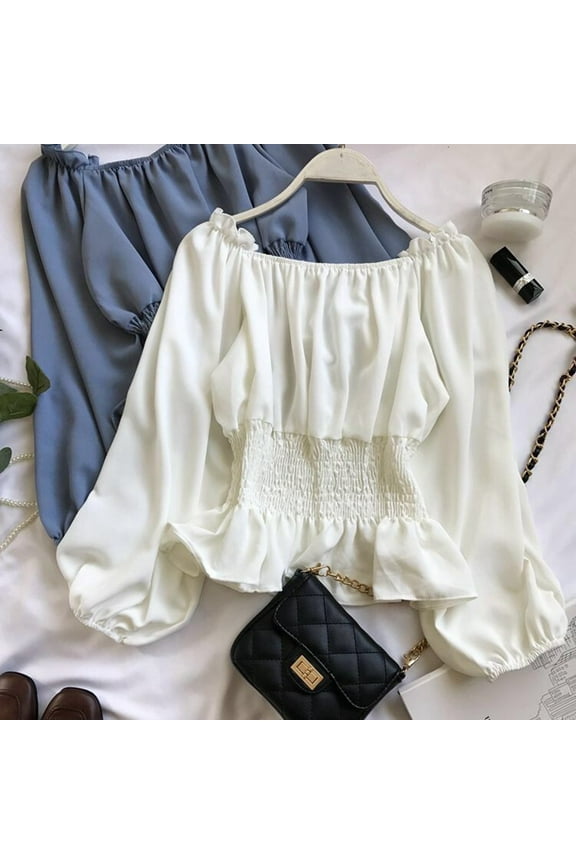 Women'S Off-The-Shoulder Shirt Long Lantern Sleeve Smocked Ruffle Hem Solid Color Fashionable Festival Blouse Shirts Casual Top Blouse,White,XL