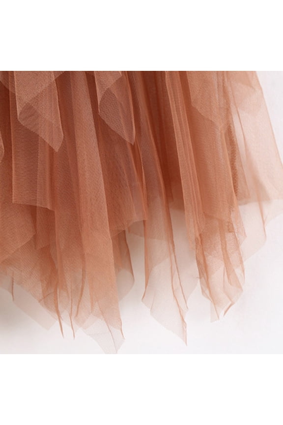 Women'S Sequin Tutu Skirt Long Irregular Hem High Waist Ruffles Layered Solid Color Spring Summer Star Sequins Velvet Lined A-Line Tulle Mesh Skirt,Khaki,One Size