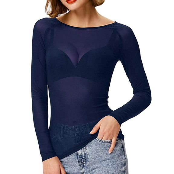 Wuxian Women'S Sheer Shirt Long Sleeve Round Neck Fashionable Thin Through Breathable Seamless Top Mesh Tee Shirts Soft Comfy Stylish Blouse Vacation Trendy,Blue,XXL