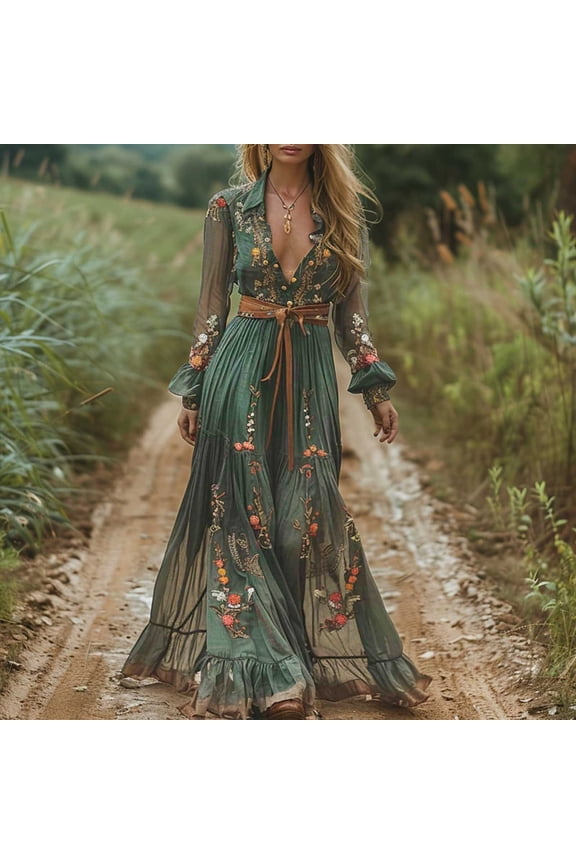 Women'S Vintage Dresses Flower Embroidery Long Sleeve Deep V-Neck High Waist Lace Up Belt Flowy Tiered Pleated A Line Fall Casual Maxi Dress,Green,XXL