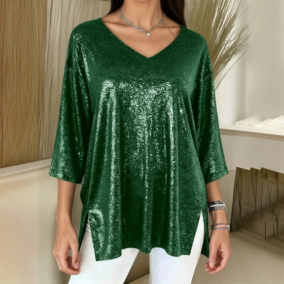 Wuxian Women Sequin Tops V-Neck Casual Plus Size Loose Fit Three Quarter Sleeve Pullover Glitter Sparkly Split Hem Stylish Tunic Top Comfortable Carnival Party Club Shirt Casual Top Blouse,Green,XL