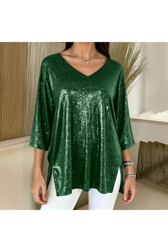 Women Sequin Tops V-Neck Casual Plus Size Loose Fit Three Quarter Sleeve Pullover Glitter Sparkly Split Hem Stylish Tunic Top Comfortable Carnival Party Club Shirt Vacation Trendy,Green,XXL