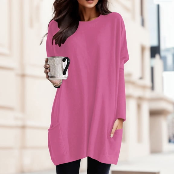 Wuxian Women Shirt Dress Long Sleeve Crewneck Solid Color Oversized Loose Fit Spring Winter Comfortable Long T Shirt Top With Pocket Blouse Streetwear,Red,S