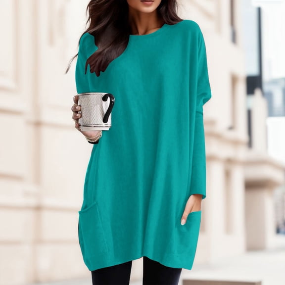 Wuxian Women Shirt Dress Long Sleeve Crewneck Solid Color Oversized Loose Fit Spring Winter Comfortable Long T Shirt Top With Pocket Blouse Streetwear,Sky Blue,XXXXL