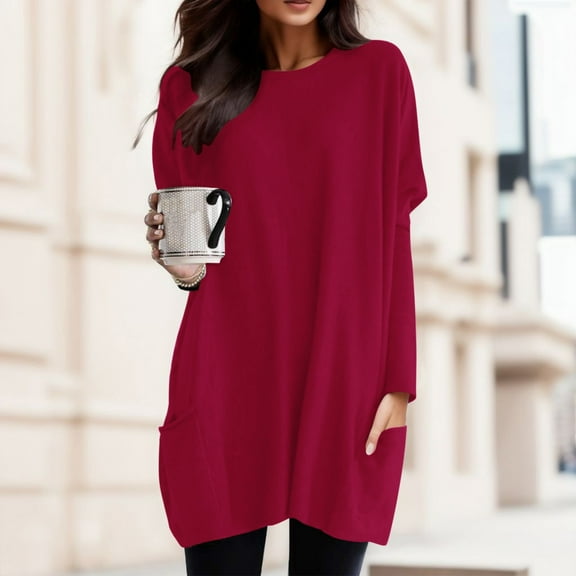 Wuxian Women Shirt Dress Long Sleeve Crewneck Solid Color Oversized Loose Fit Spring Winter Comfortable Long T Shirt Top With Pocket Blouse Streetwear,Wine,L