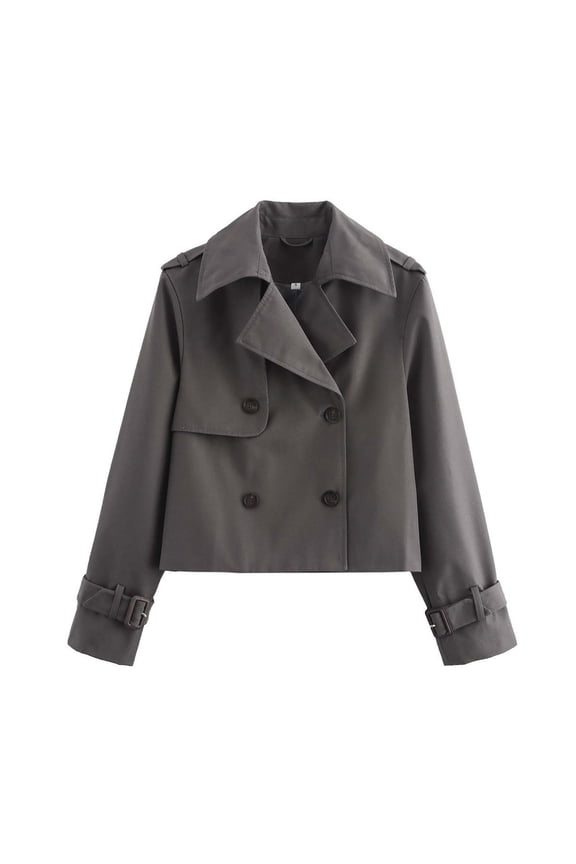 Women Short Trench Coat Double Breasted Casual Long Sleeve Lapel Notched Collar Jacket Cool Motorcycle Cropped Coat Street Wear,Dark Gray,S